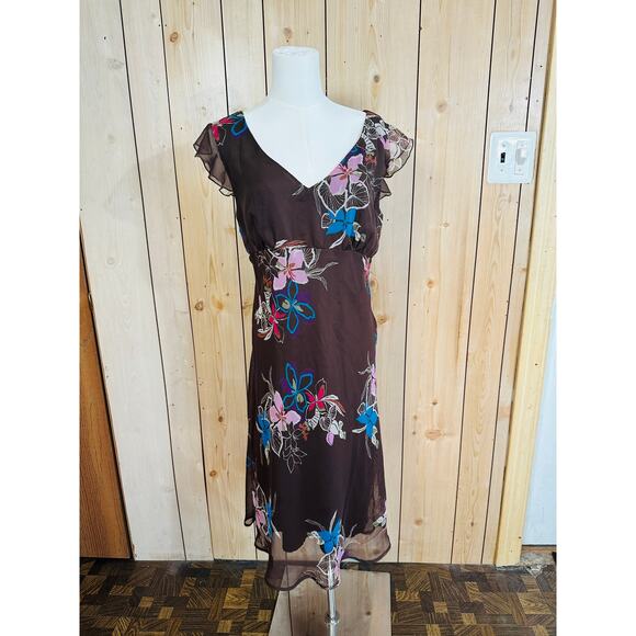vintage Y2K chocolate brown floral silky cap sleeve midi cottage core sundress - Picture 1 of 4